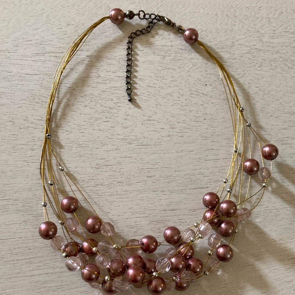 Multi-Strand Pink Pearl & Crystal Necklace